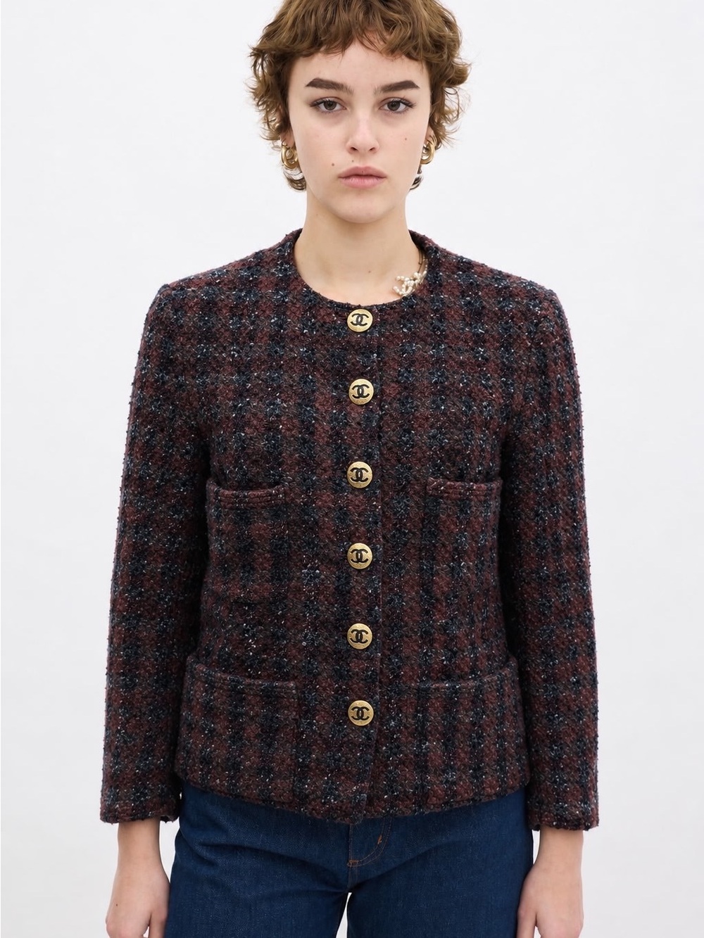 AUTHENTIC Chanel vintage Women's Tweed Button-Up Jacket in Burgundy Plaid